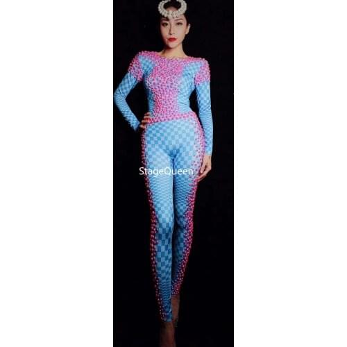 Sexy Pink Pearls Stones Blue Plaid Spandex Jumpsuit Nightclub Birthday Party Leggings Female Singer Dancer Bodysuit Costume