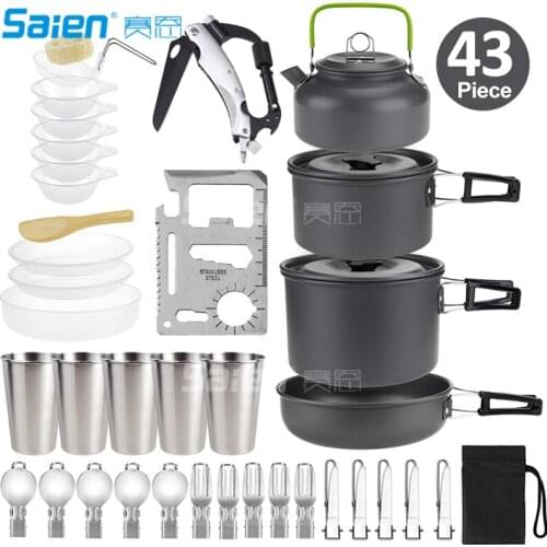 Camping Cookware 43 Piece Sets BPA Free with Mesh Set Bag- Anodized Aluminum - Complete Lightweight Folding Kit for Camping