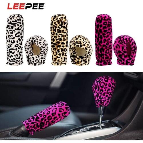 LEEPEE 2 piece/set Car Gear Shift Collars Anti-Slip Leopard Plush Handbrake Grips Interior Accessories Universal Car-styling