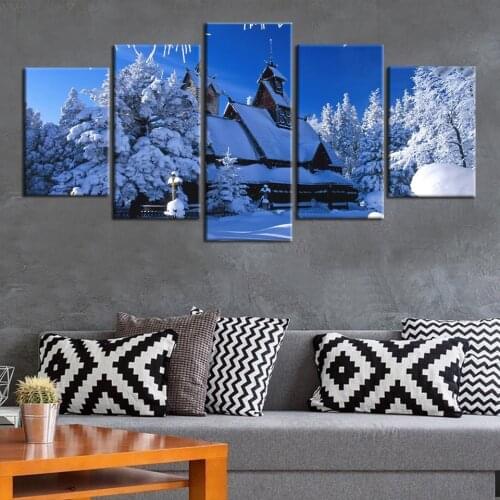 Forest Snow Tree Winter Scenery Nordic Wooden House Modern Living Room Home Decoration Painting 5 Panel Wall Art Modular