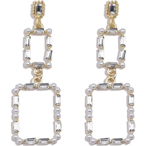 Fashion Crystal Pearl Square Geometric Statement Drop Earrings Women Luxury Big Earrings Jewelry Brand ZA Long Earring Female