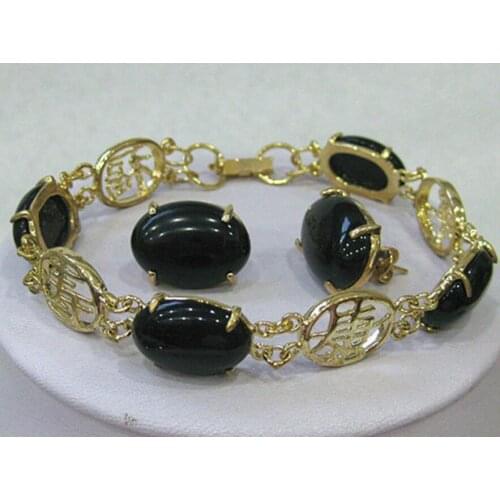 Hot sell new - Natural Black Rich jade Earrings / Bracelet Set watch Quartz stone CZ crystal