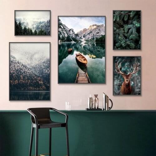 Nordic Poster Nature Landscape Canvas Painting Wall Art Mountain Lake Deer Print Decorative Pictures for Living Room Home Decor