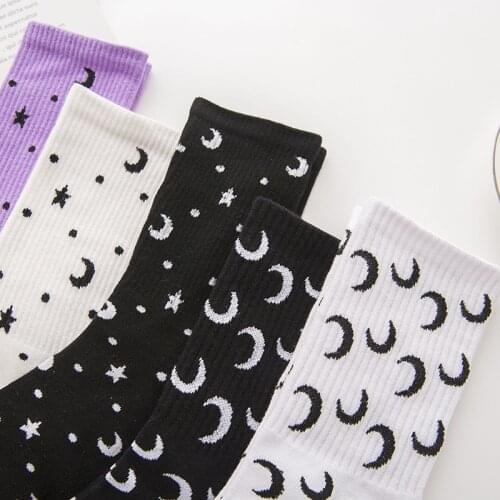 5 pcs Kawaii Cute Harajuku Moon Star Starry Sky Funny Gifts for Women Cotton Socks Casual Japanese Happy Print Crew Women Socks