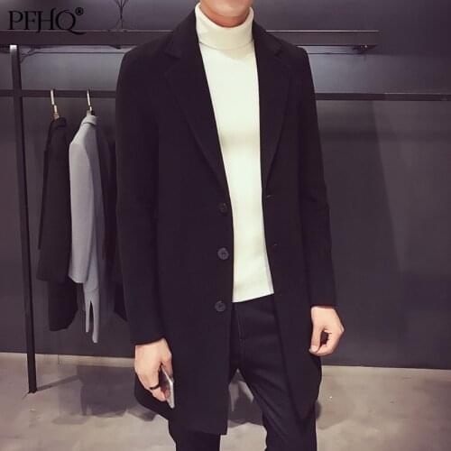PFHQ 2021 New Mens Fashion Solid Color Korean Style Single Breasted Woolen Long Coat Jacket Trend Autumn And Winter 21D140
