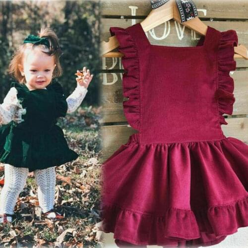 Toddler Girls Princess Dress Kids Baby Party Wedding Pageant Solid Color Corduroy Dresses