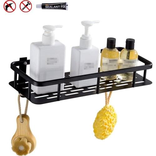 Bathroom Shelf Square Wall Mounted Space Aluminum Shower Caddy Storage Organizer Rack Adhesive No Rust No Damage Black etagere