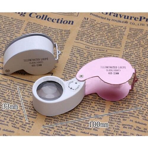 Portable 2 LED Lights Magnifier 40X Magnifying Acrylic Optical Lens Loupe Foldable Magnifier for Jewelry Antiques Identification