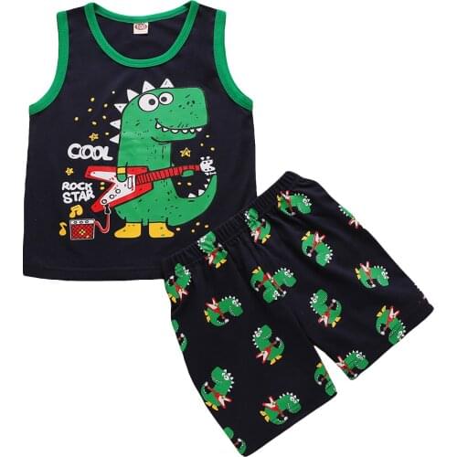 Kids Baby Boys Casual Two-piece Summer Clothes casual Set Sleeveless Round Collar Dinosaur Printed Pattern Tops Geometry Shorts
