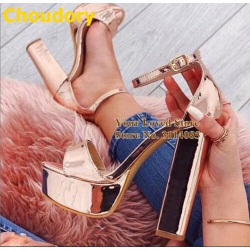 Choudory Rose Gold Chunky Heels High Platform Buckle Strap Gladiator Sandals Sky-high Patent Leather Wedding Shoes Dress Heels