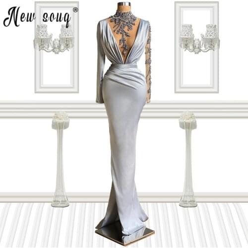 Grey Evening Gowns Sexy Deep V Neck Beaded Pleated Mermaid Prom Dresses with Beading Necklace Muslim Dubai Diamont Gowns