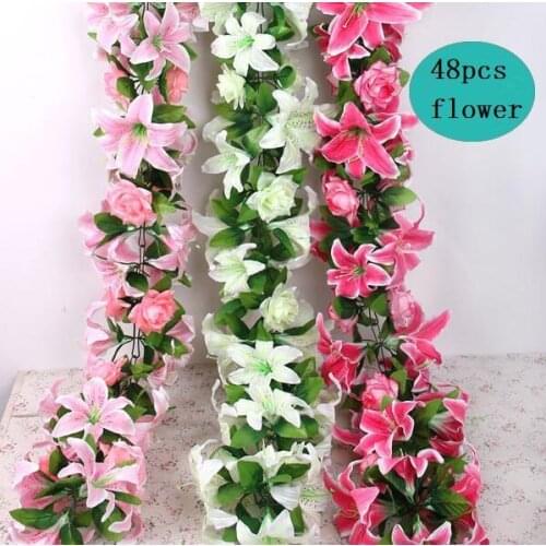 Silk Rose & Lily Vine 160cm/62.99" Length Artificial Flowers Roses Lilies Rattan Flower Cane 3 Colors for Wedding Centerpiece