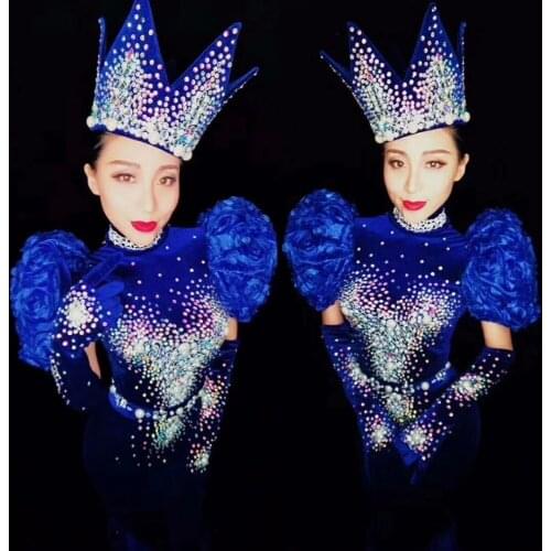 Sexy Costumes For Ladies WomenDj Gogo Bar Stage Singer Bright Evening leading Velvet Blue Long Dress Dancewear DJ228