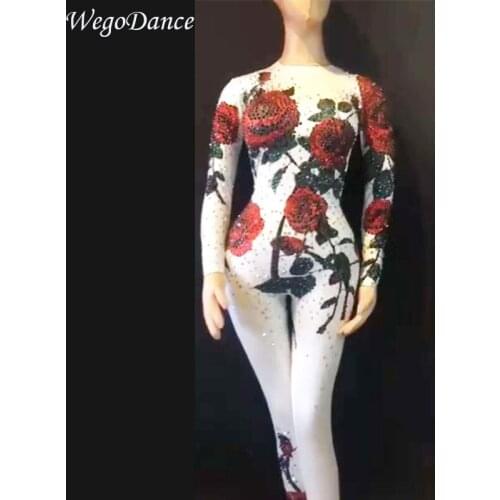 DIY Sexy full Rhinestones rose Mesh Jumpsuit Long Sleeve Stretch Singer Costume Womens Dance Birthday Outfit woman freeshipping