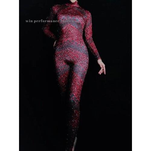 Long sleeve Gym outfit mysterious red close fitting costume catsuit pole dancing jazz modern dancer party show model club rave
