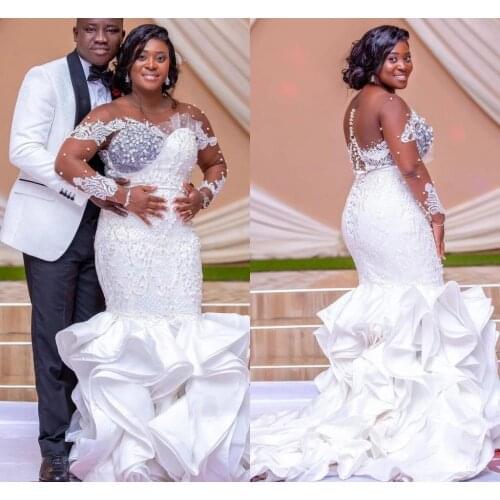 African Wedding Gowns Plus Size Long Sleeves Mermaid ruffles Puffy Satin Lace Bridal Party Dresses Crystals