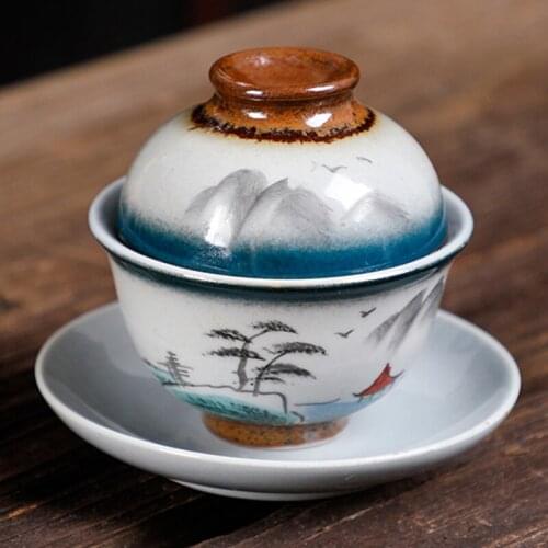 Japanese household ceramic mini small single tea tureen Antique wood-fired Sancai Gaiwan hand-painted big tea cover bowl