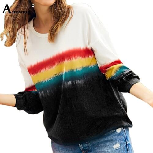 Plus Size 3xl Women New Patchwork T-shirt Ladies Elegant Leisure Casual Tops 2020 Long Sleeve Rainbow Print Tees Shirt Femme