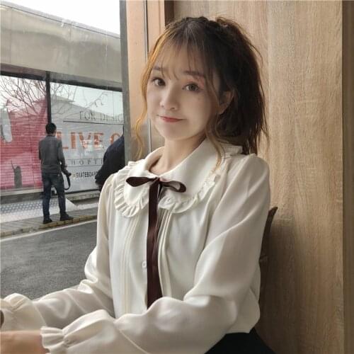 2020 Autumn blouse women girls long sleeve peter pan collar bow white womens shirt Japanese school uniform cute lace-up tops