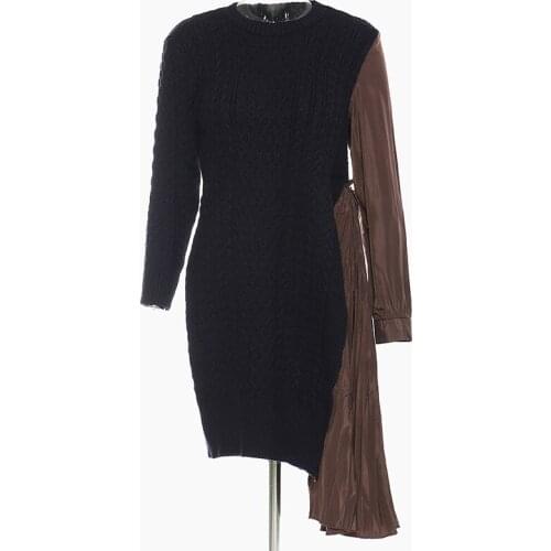 Women Asymmetrical Sweater Dress Spring Autumn Knitted Pleated Midi Dress