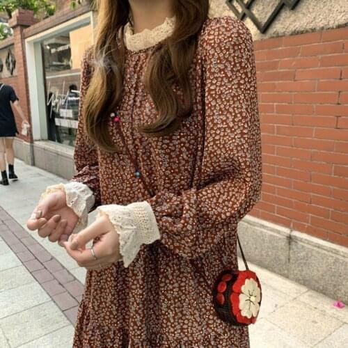 Women Pleated Patchwork Long Sleeve DressStand Collar Lace Ruffle female Sweet Elegant Streetwear All-match Vestidos