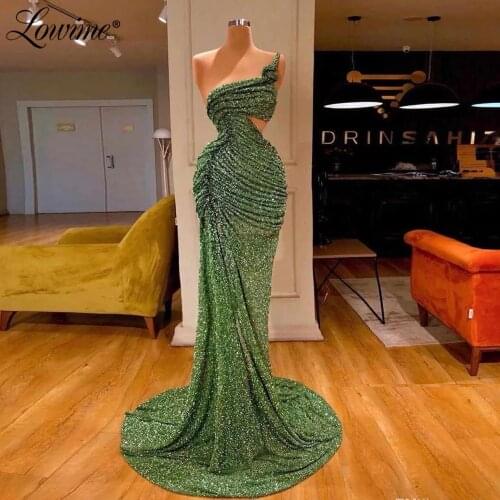 Lowime Green Beads Long Mermaid Party Dresses Robe De Soiree 2021 Women Evening Gowns Arabic African Prom Dresses Plus Size Gown