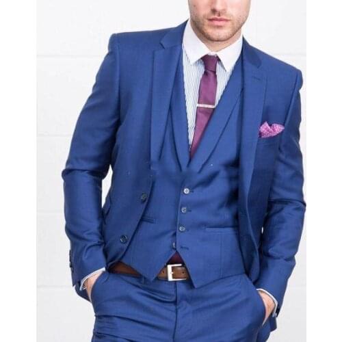 2020 Three Piece Blue Men Suits Notch Lapel Custom Made Wedding Tuxedos Slim Fit Male Suits (Jacket + Pants + Vest+Tie)