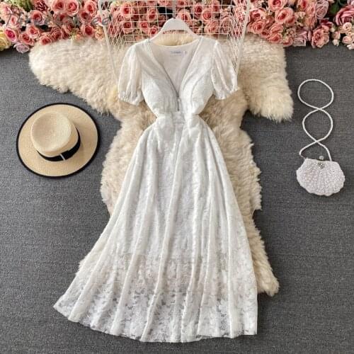 2021 Summer Woman Elegant Dress Solid Party Hollow A-line V-neck Short Puff Sleeve Slim Long Lace Female Flower Dress Vestidos