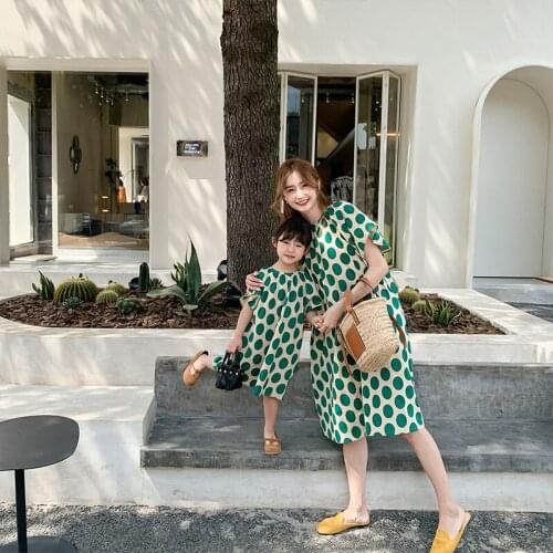 2021 Daughter Mother Summer Parent-child Clothes Round Neck Short Sleeve Casual Polka Dot Loose Dress Matching Family Outfits