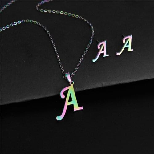26 Stainless Steel Colorful Capital English Letters A-Z Pendant Necklace And Earrings Two-Piece Letter Set For Women Jewelry