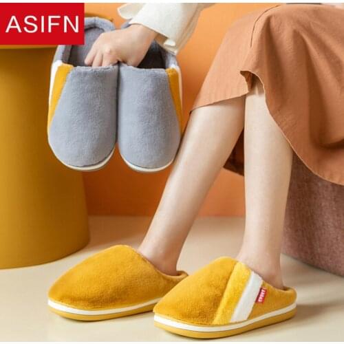 ASIFN Fashion Winter Fur Slippers Women Men Cotton Mules Ladies House Indoor Soft Bottom Non-slip Home Warm Men Plush Slippers