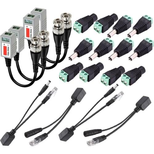BNC Video Balun+Ethernet PoE Adapter RJ45 Injector Splitter+12V DC Male Female Plug Connector CCTV Power Cable 2.1 x 5.5mm
