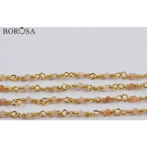 BOROSA 3Meters 2mm Natural Sunstone Beads Faceted Brass Chains Natural Gems Stone Beads Chains Jewelry JT247