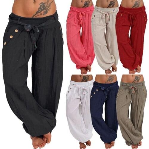 Pants Women Fashion Casual Loose Long Pants Solid Color Baggy Harem Pants Summer Button Sashes Wide Leg Trousers Streetwear