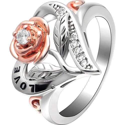 Hainon New Arrival Rose Gold Color Zirconia Rose Flower Heart Shape Wedding Rings For Women Love Party Promise Ring Jewelry