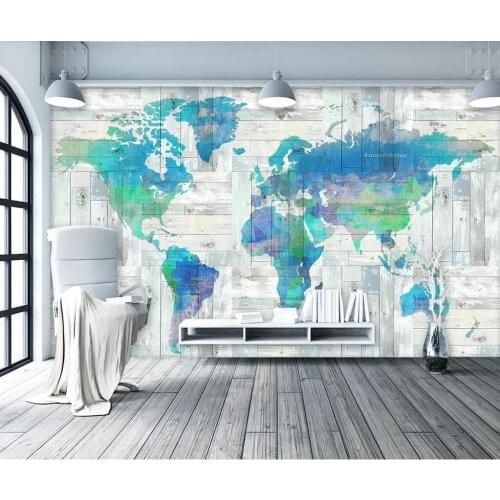 Customized mural 3D oil painting world map Mediterranean wood grain background wall