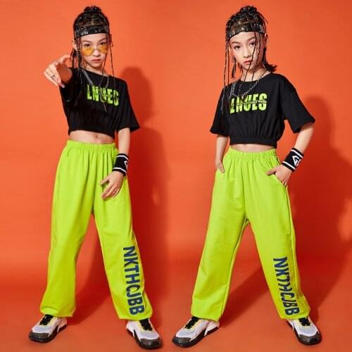 2021 Girls Jazz Modern Dance Costumes Black Short Sleeved Hiphop Pants Suit Hip Hop Dance Clothes Street Dance Outfits DQS7506
