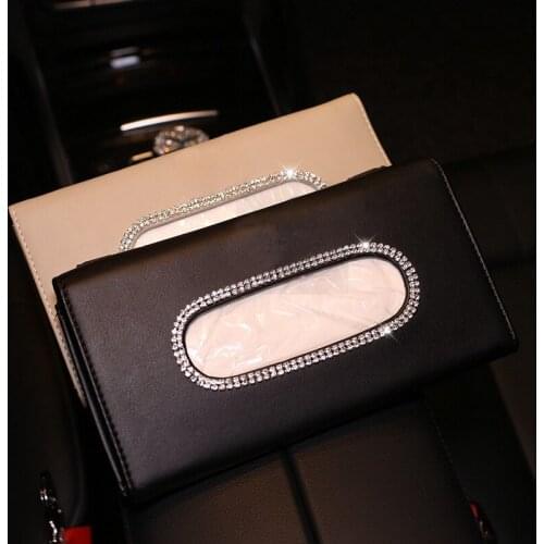 Leather Car Tissue Boxes for Sun Visor Rhinestones Crystal Tissue Paper Holder Hanging Type Auto Interior Accessories Decoration