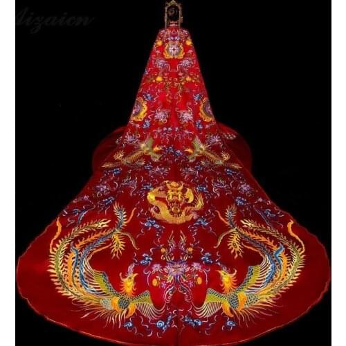 Red Embroidery Trailing Bride Phoenix Robes Chinese Bride Wedding Scarf Vintage Shawl Clip Pin Womens Winter Shawls And Wraps