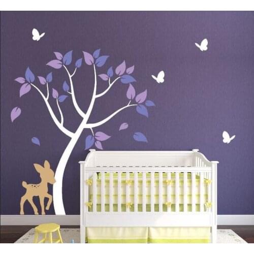 Deer Wall Decal with Forest Tree and Butterflies Art Decals for Girl Room Nursery Vinyl Stickers Removable Home Decoration ZA810