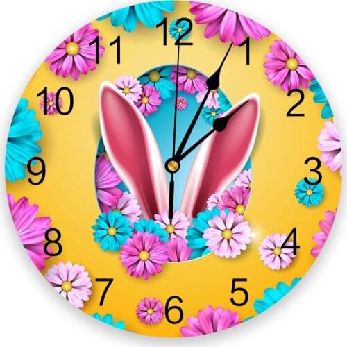 Easter Colored Flower Rabbit Ears Print Wall Clock Wall Art Silent Non ticking Round Wall Watch for Home Decortaion Best Gift