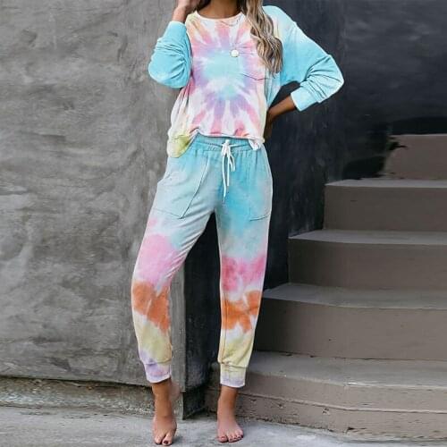 Tie-dye Pajamas Two Piece Sets Women Autumn O Neck Long Sleeve Loose Tops+Elastic Lace Up Pocket Trousers Tracksuit Suits Ladies