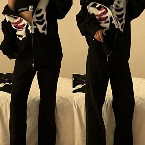 E-girl Aesthetic Skull Print Sweatshirt Autumn Y2k Zipper Harajuku Loose Plus Size Black Grunge Long Sleeve Hoodie Korean Street