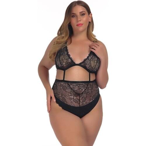 Women Sexy Lingerie Set Hot Erotic Transparent Floral Lace Underwear for Women Bodysuit Bra&Brief Set Babydolls Plus Size Black