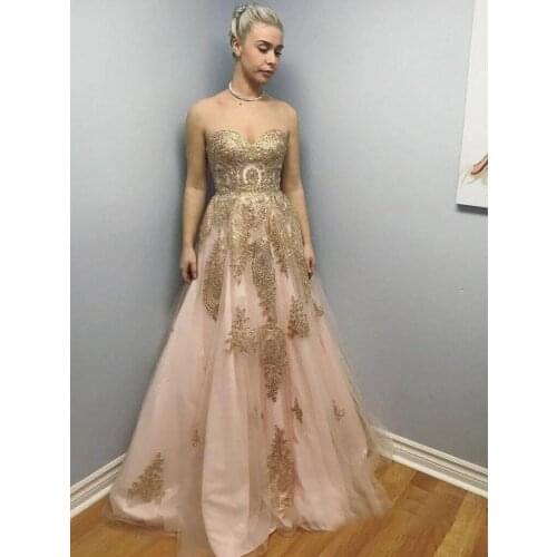 2021 Gold Appliques Strapless Prom Dresses Long Sleeveless Lace-up Back Formal Evening Party Gowns Robe De Soiree