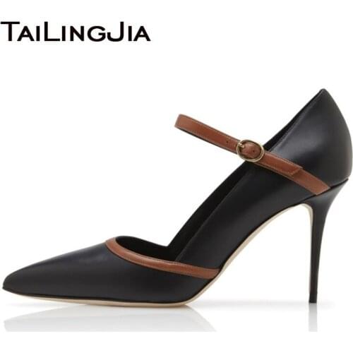 2019 Autumn New Arrival Stiletto Office Pumps Shoes Pointed Toe Black PU Leather Buckle Strap Tailingjia High Heels Party Shoes