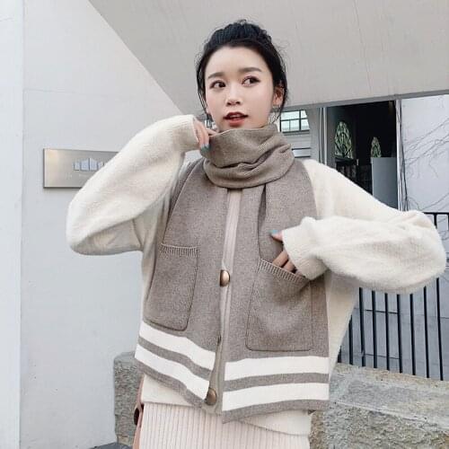 2020 Winter Women Warm Knitted Pocket Scarf Cashmere Pashmina Soft Lady Shawl Poncho Striped Blanket Scarves Mujer Bufanda