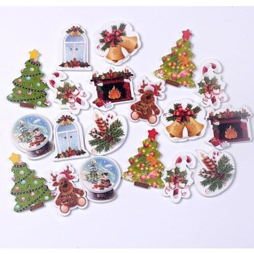Free shipping -2015 Christmas New 100pcs Random Mixed 2 Holes Cartoon Christmas Wood Sewing Buttons Scrapbooking 19-35mm J1576