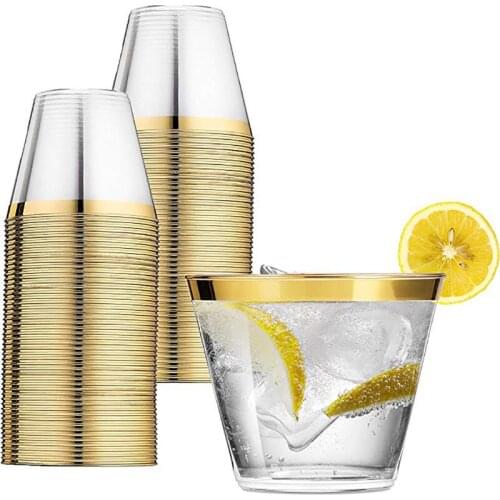 Wine Goblet Cups Drink Mug With Rose And Gold And Silver Rim Disposable Cup Mousse Cake Pudding Taste Transparent Cup 24/50pcs