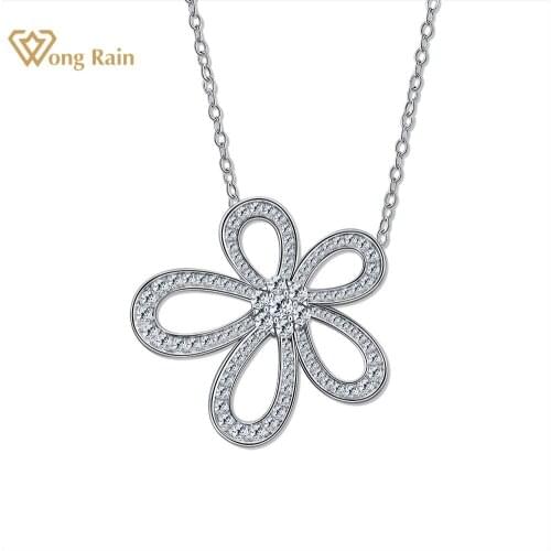 Wong Rain 925 Sterling Silver Created Moissanite Gemstone Diamonds Women Flower Pendant Necklace Gifts Fine Jewelry Wholesale